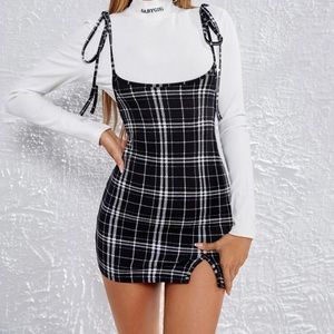 Knot Shoulder Split Hem Plaid Overall Dress